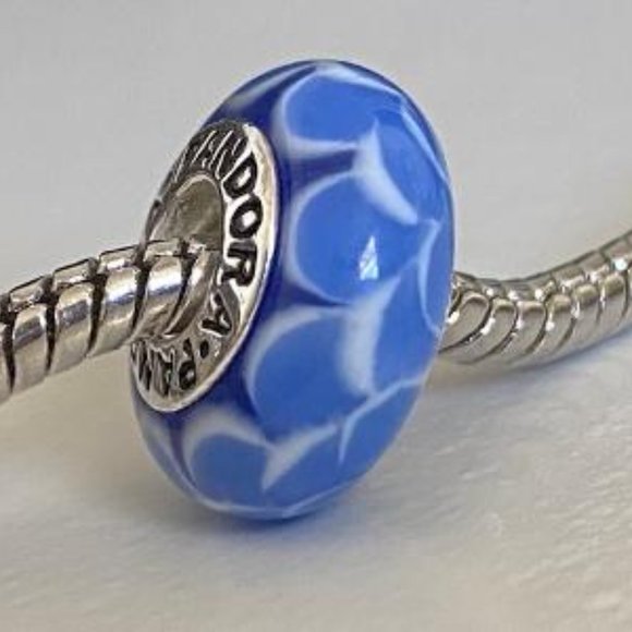 PANDORA Silver 925 ALE Murano Glass Screw Core Stacked Petals Blue Bead - Picture 2 of 8